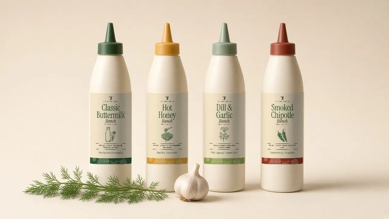 Four squeeze bottles of The Ranch Brand